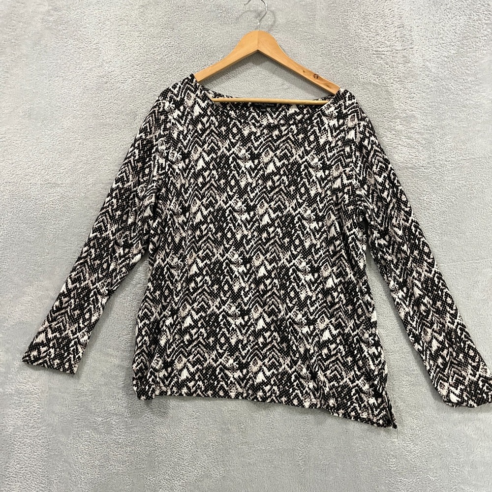 Mario Serrani Blouse Top Women XL Black White Abstract Print Stretch Long Sleeve